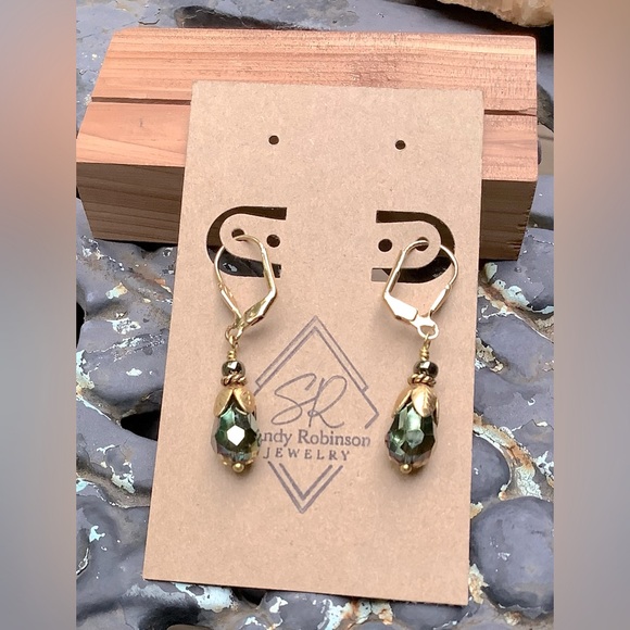 Minimalist Handcrafted Green and Gold Tone Lever Back Earrings - Picture 2 of 4